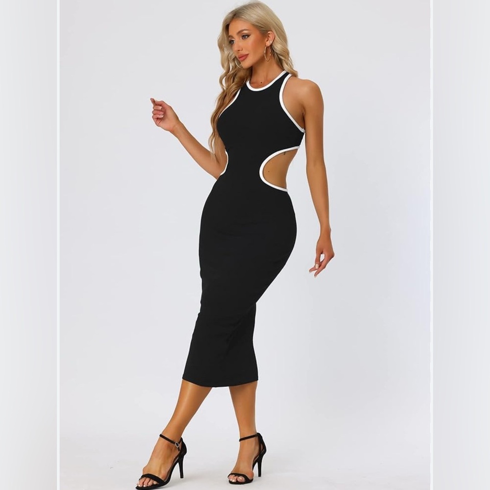 Allegra K Black White Contrast Cutout Bodycon Midi Dress Size S